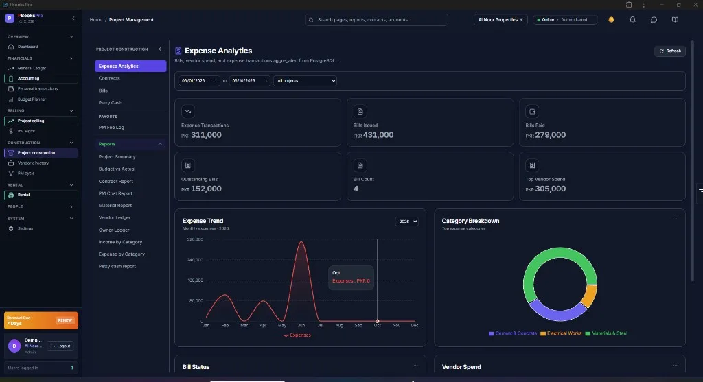 PBooksPro construction expense analytics with vendor spend and category breakdown