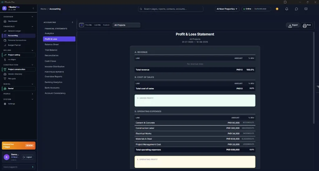 PBooksPro profit and loss statement with operating expenses by category