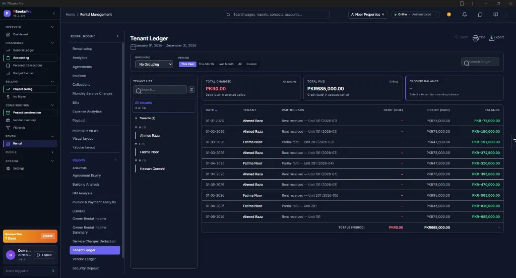 PBooksPro tenant ledger with rent charges, payments, and running balances