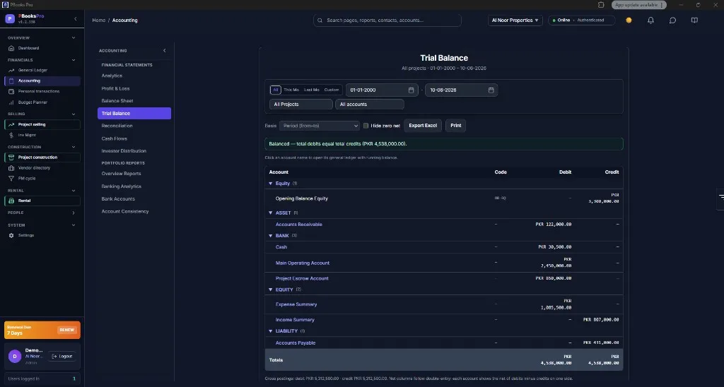 PBooksPro trial balance report with balanced debits and credits